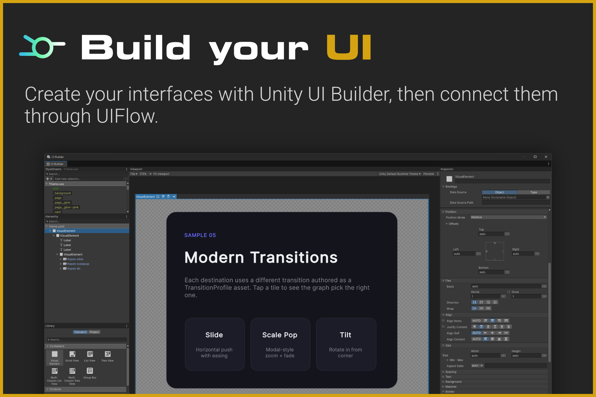 Build interfaces with Unity UI Builder and connect them through UIFlow