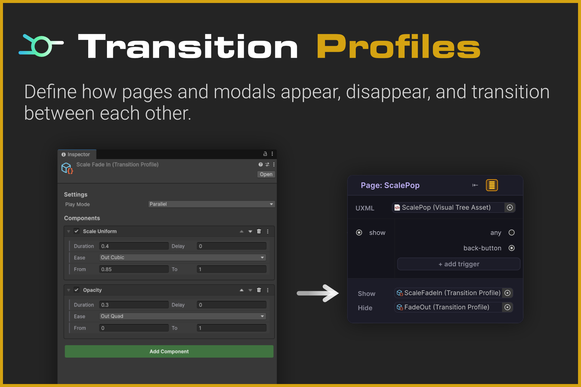 Create reusable transition profiles for UIFlow pages and modals
